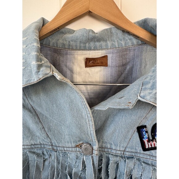 POL Denim jacket with fringe and distressed details SZ S - Picture 7 of 14